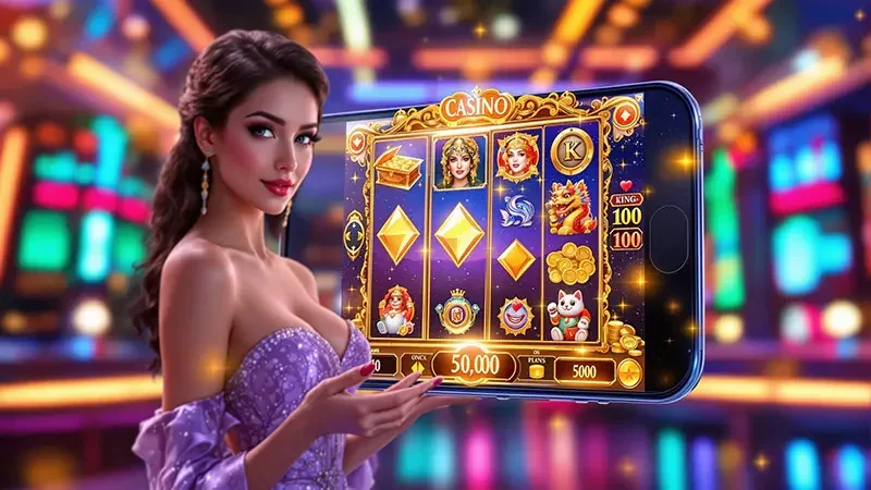Antarmuka slot dengan reel, simbol, dan panel permainan