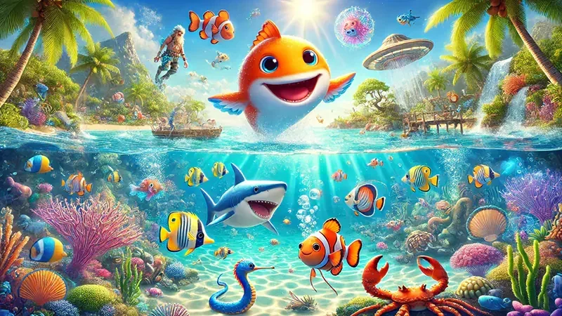 Layar permainan tembak ikan dengan suasana laut dan sasaran bergerak